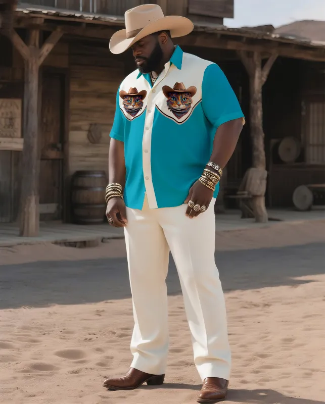 Big & Tall Men's Western Style Color Matching Casual Cat Printing-short Sleeve Shirt Pants Suit sold by Biggmans