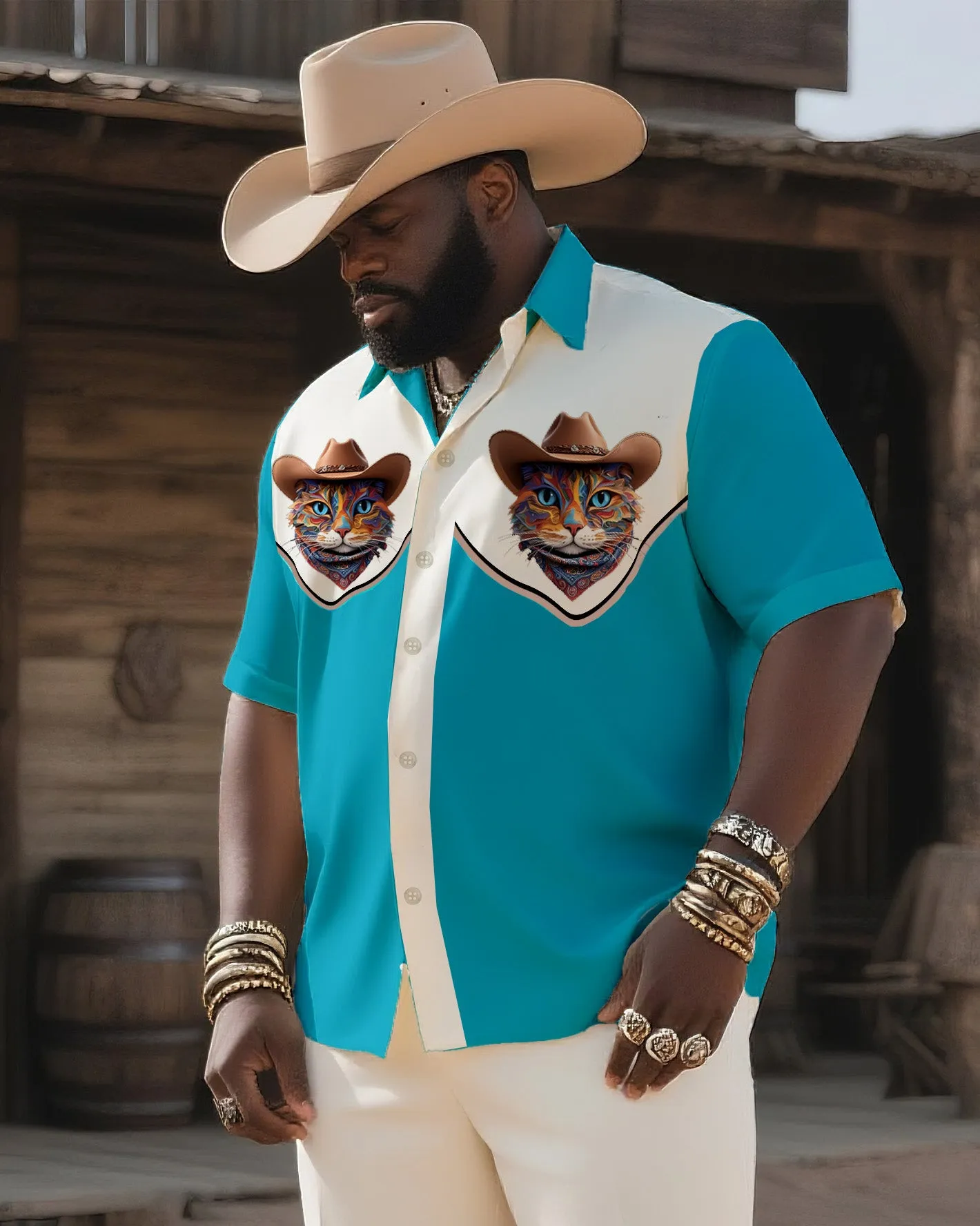 Big & Tall Men's Western Style Color Matching Casual Cat Printing-short Sleeve Shirt Pants Suit sold by Biggmans product image thumbnail 2