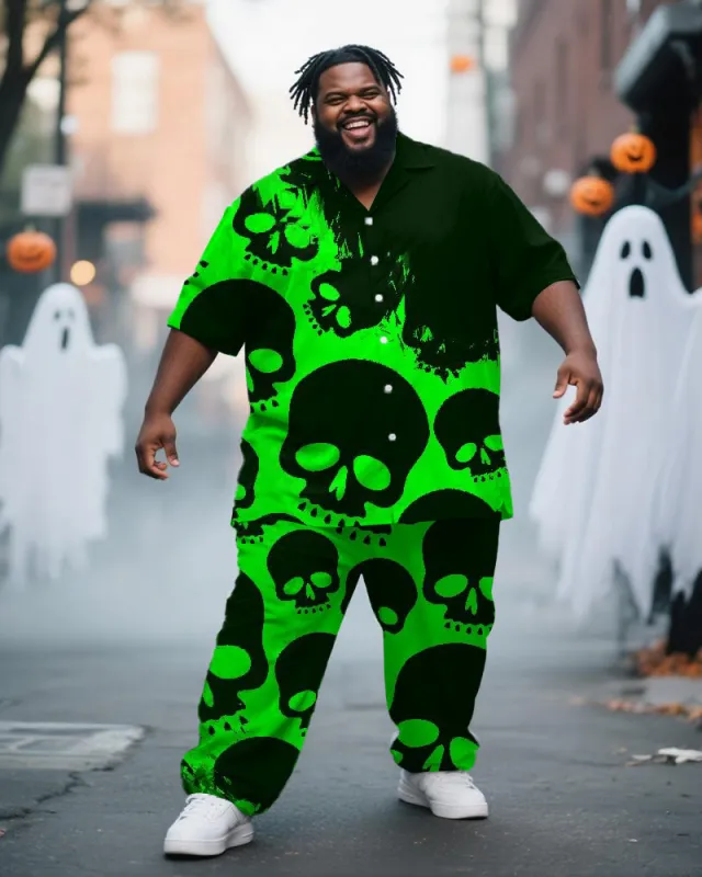 Big & Tall Men's Halloween Green Skull Print Short Sleeve Shirt Trousers Suit sold by Biggmans