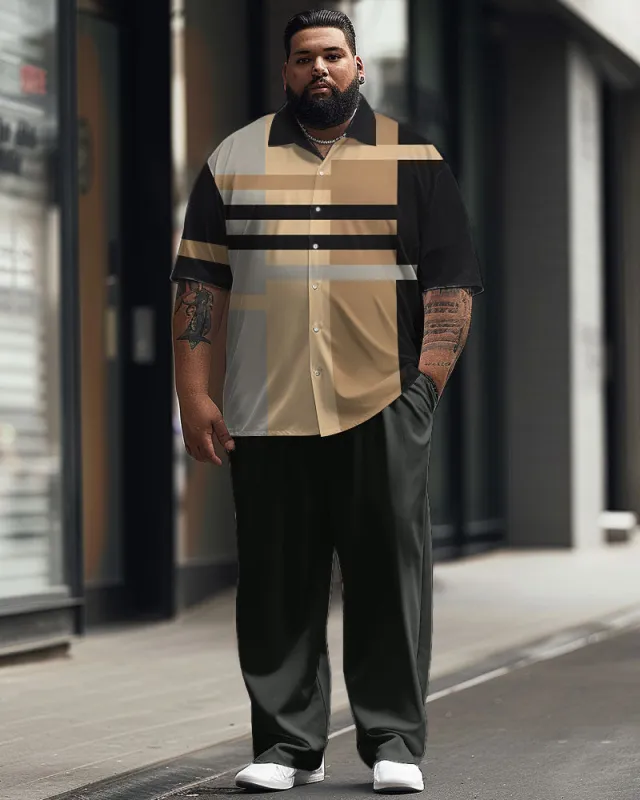 Men's Plus Size Business Simple Color Block Printed Short Sleeve Shirt Suit sold by Biggmans