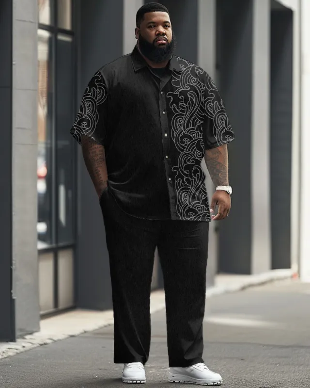 Men's Plus Size Business Simple Art Wave Print Short Sleeve Shirt Trousers Suit sold by Biggmans