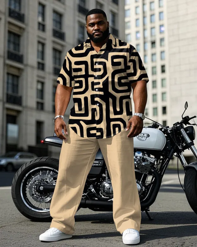 Men's Plus Size Business Khaki Geometric Square Continuous Pattern Daily Casual Short Sleeve Shirt Trousers Suit sold by Biggmans