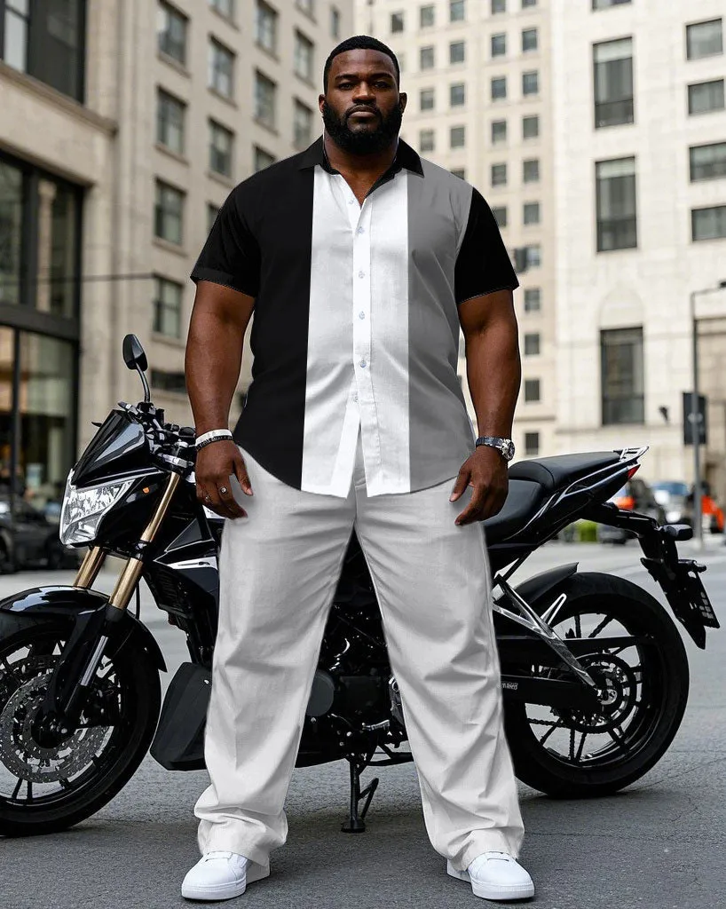 Men's Plus Size Classic Black & White & Grey Colorblock Short Sleeve Shirt Trousers Suit sold by Biggmans
