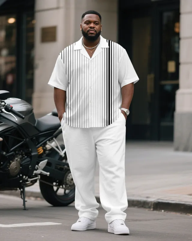 Men's Plus Size Business Gray Gradient Stripe Print Short Sleeve Shirt Trousers Suit sold by Biggmans