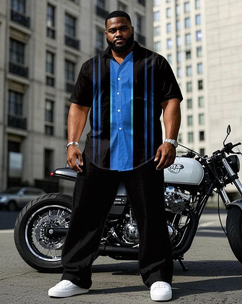 Men's Plus Size Black & Blue Colorblock Line Gradient Design Short Sleeve Shirt Pants Suit sold by Biggmans