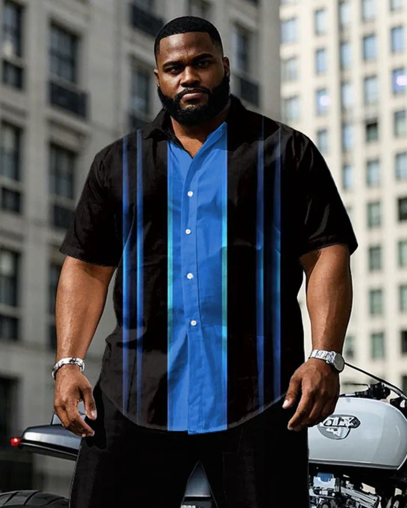 Men's Plus Size Black & Blue Colorblock Line Gradient Design Short Sleeve Shirt Pants Suit sold by Biggmans product image thumbnail 2