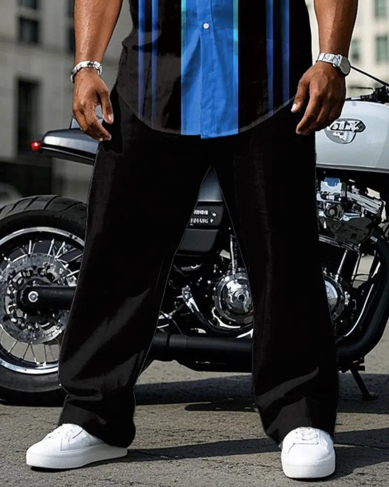 Men's Plus Size Black & Blue Colorblock Line Gradient Design Short Sleeve Shirt Pants Suit sold by Biggmans product image thumbnail 3