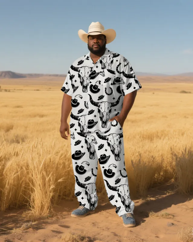 Big Men's Cowboy Style Cartoon Cow & Hat Printed Outdoor Short-Sleeve Shirt Pants 2-piece Sets sold by Biggmans