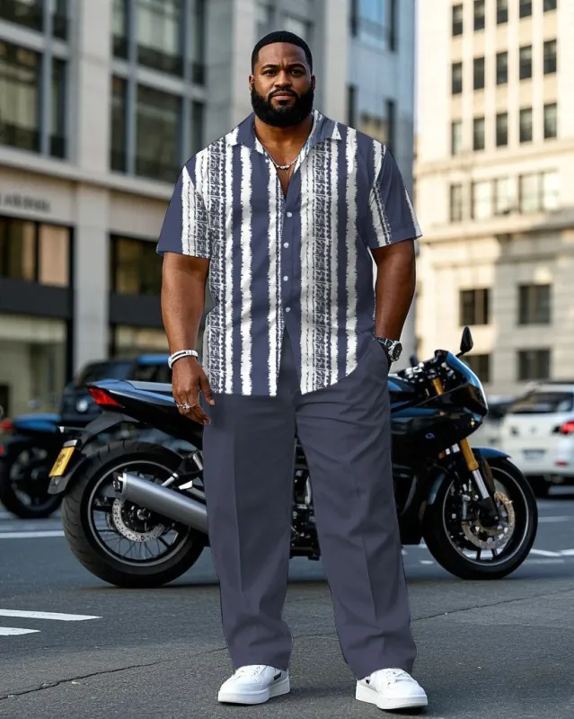 Men's Plus Size Tie Dye Stripe Effect Fog Blue Short Sleeve Shirt Pants Suit made by Biggmans