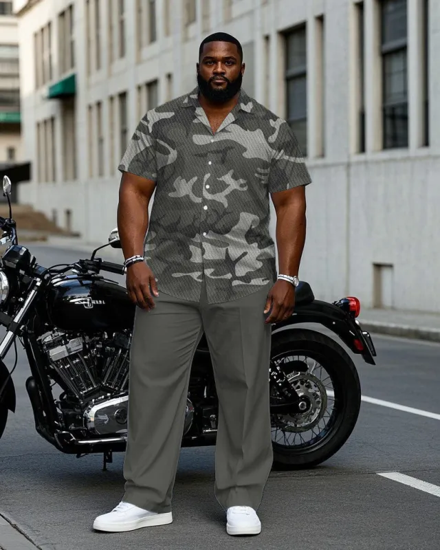 Men's Plus Size Gray Fashion Camouflage Short Sleeve Shirt Trousers Suit sold by Biggmans