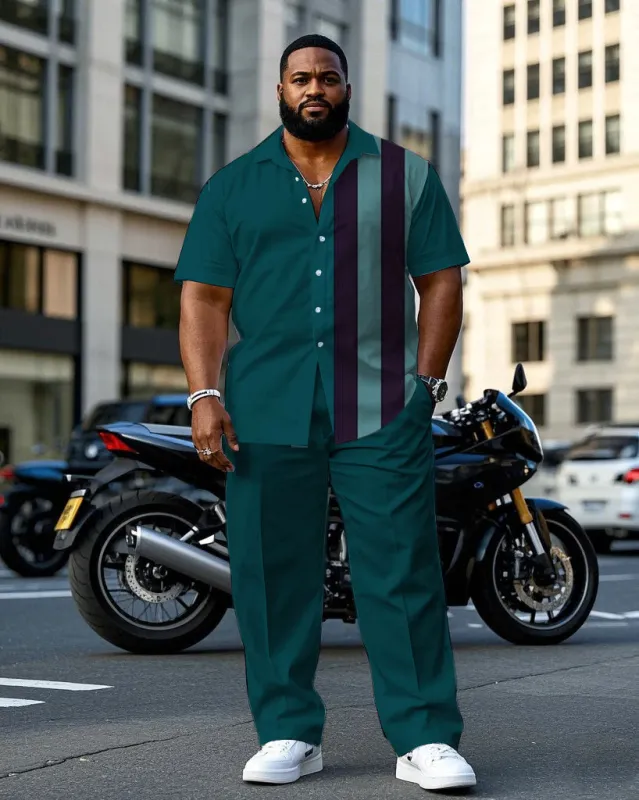 Men's Plus Size Simple Noble Green & Purple Colorblock Short-sleeved Shirt Pants Suit sold by Biggmans