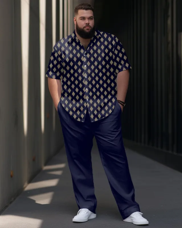 Men's Plus Size Business Simple Diamond Print Short Sleeve Shirt Suit sold by Biggmans