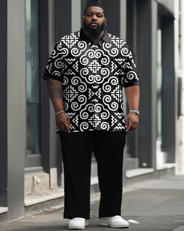 Men's Plus Size Business Casual Retro Pattern Printed Short Sleeve Shirt Trousers Suit sold by Biggmans