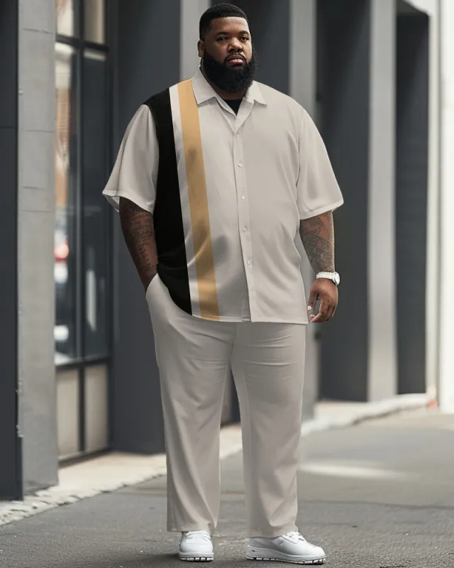Men's Plus Size Business Simple Color Matching Striped Printed Short Sleeve Shirt Suit sold by Biggmans