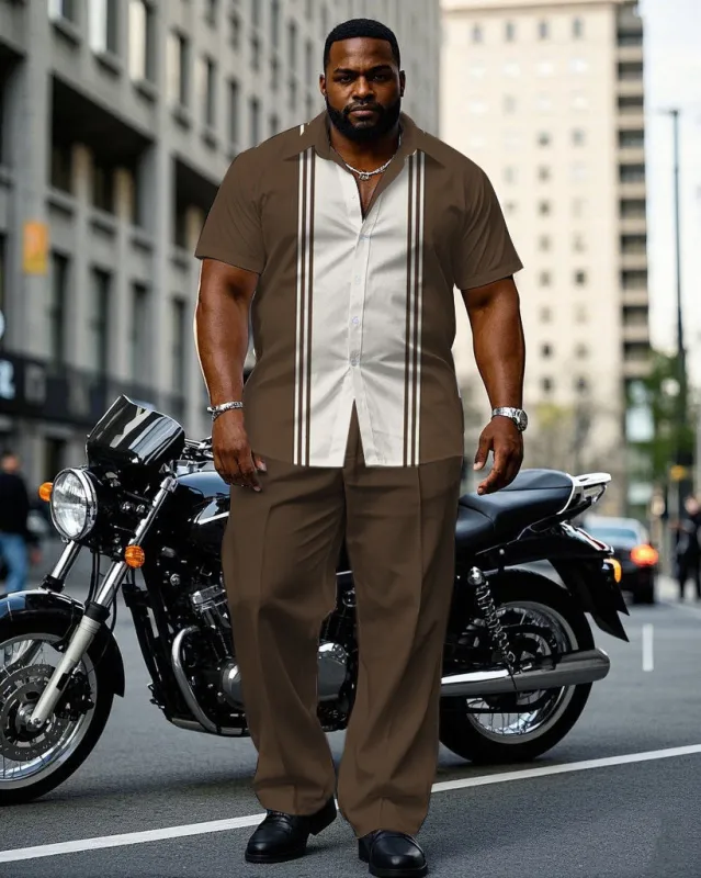 Men's Plus Size Brown & White Colorblock Short Sleeve Shirt Trousers Suit sold by Biggmans