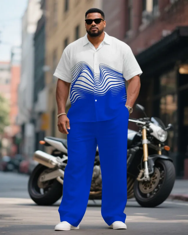 Men's Plus Size Business Blue Line Fluctuation Print Short Sleeve Shirt Trousers Suit made by Biggmans