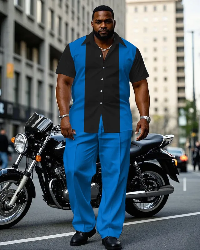 Men's Plus Size Blue & Black Simple Colorblock Short Sleeve Shirt Pants Suit made by Biggmans