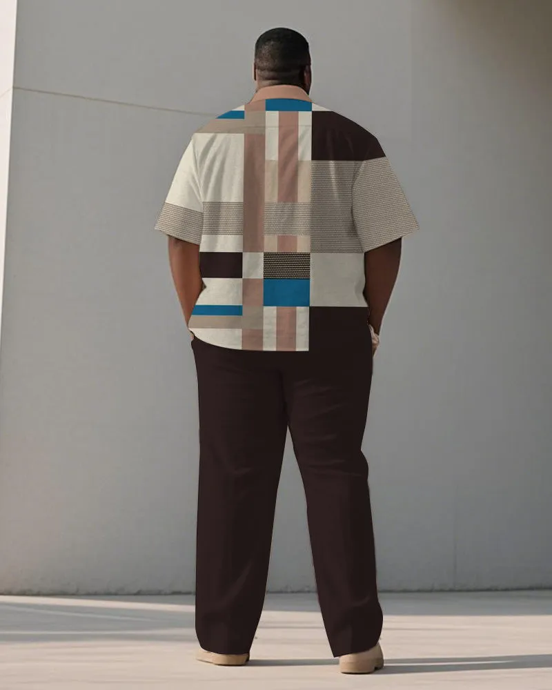 Men's Plus Size Simple Brown Apricot Color-block Striped Printed Short-sleeved Shirt Trousers Suit sold by Biggmans product image thumbnail 4