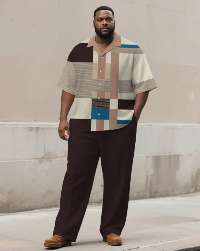 Men's Plus Size Simple Brown Apricot Color-block Striped Printed Short-sleeved Shirt Trousers Suit sold by Biggmans