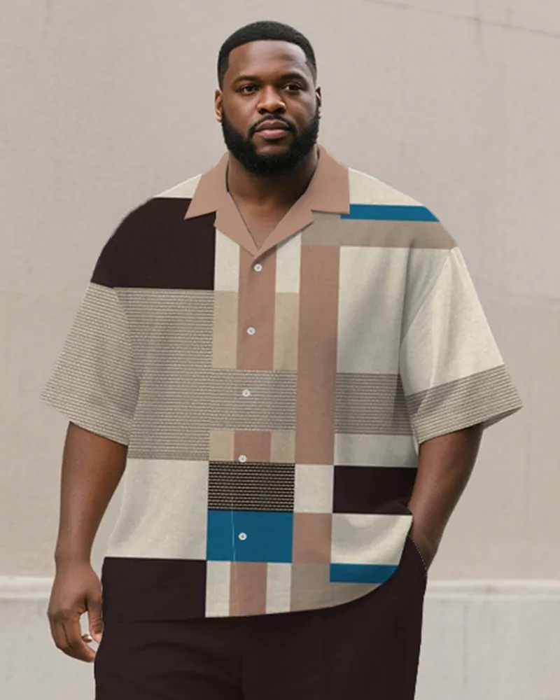 Men's Plus Size Simple Brown Apricot Color-block Striped Printed Short-sleeved Shirt Trousers Suit sold by Biggmans product image thumbnail 2