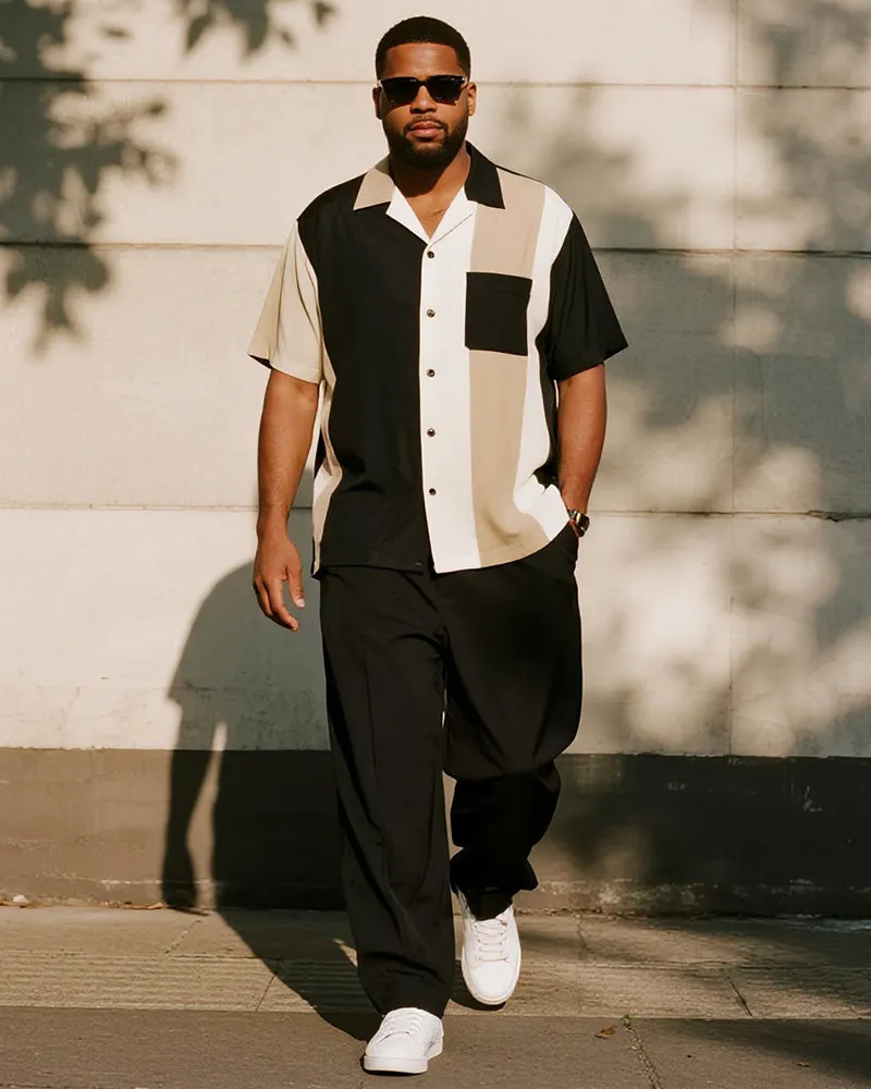 Big & Tall Men's Business Black Colorblock Stripe Printed Pocket Short Sleeve Shirt Trousers Suit sold by Biggmans