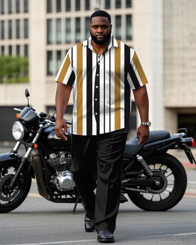 Men's Plus Size Black & White & Khaki Striped Short Sleeve Shirt Trousers Suit sold by Biggmans