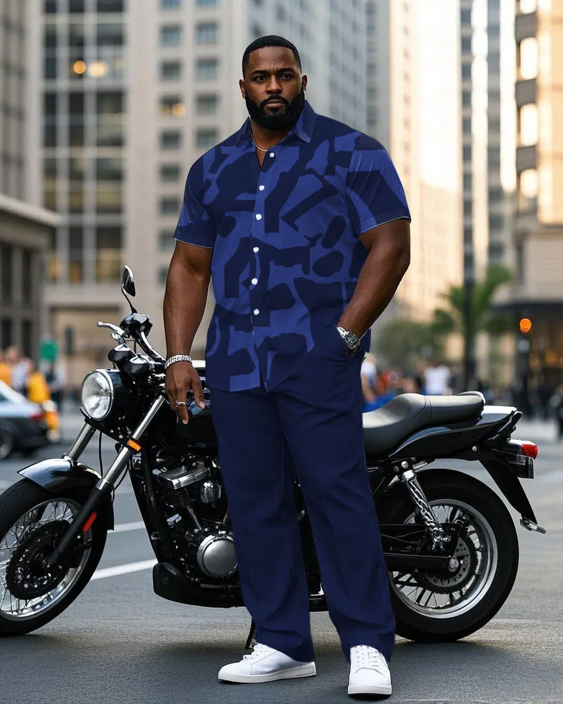 Men's Plus Size Sapphire Blue Irregular Geometric Jacquard Craft Printed Short Sleeve Shirt Trousers Suit sold by Biggmans