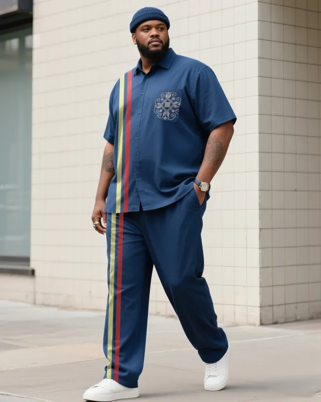 Big Boy Essential 2025Prussian Blue Striped Pocket Printed Short Sleeve Shirt Trousers Suit sold by Biggmans