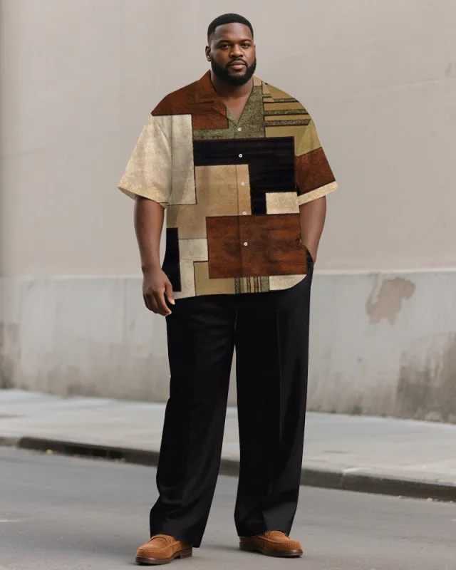 Men's Plus Size Simple Brown Color Block Print Short Sleeve Shirt Trousers Suit sold by Biggmans
