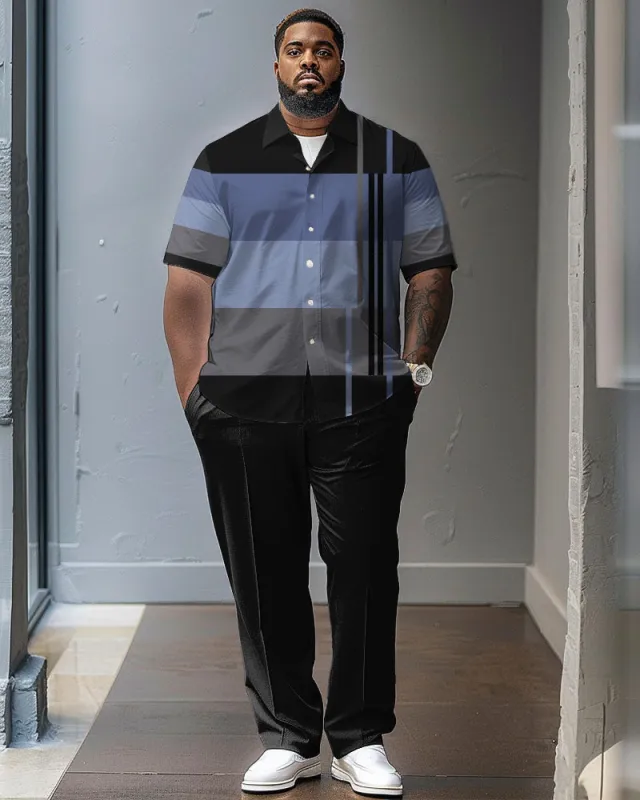 Striped Color Contrast Big & Tall Classic Printed Men's Short Sleeve Pants Set sold by Biggmans