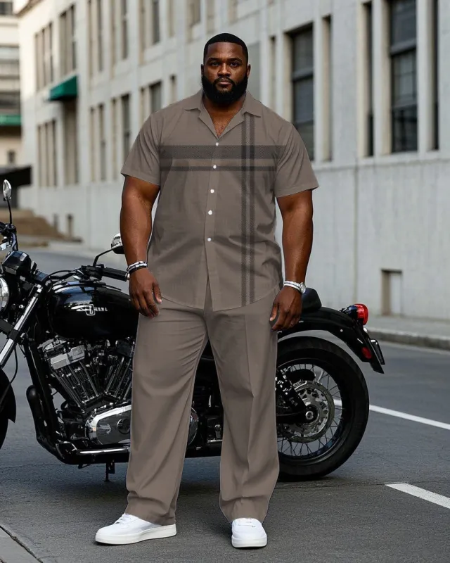 Men's Plus Size Business Brown Color Block Short Sleeve Shirt Trousers Suit sold by Biggmans