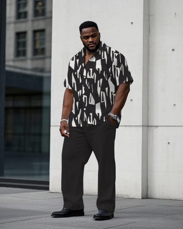 Men's Plus Size Business Casual Charcoal Black Geometric Pattern Short Sleeve Shirt Trousers Suit sold by Biggmans