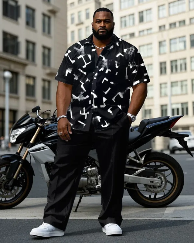 Men's Plus Size Business Casual Black Smoke Geometric Print Short Sleeve Shirt Trousers Suit sold by Biggmans