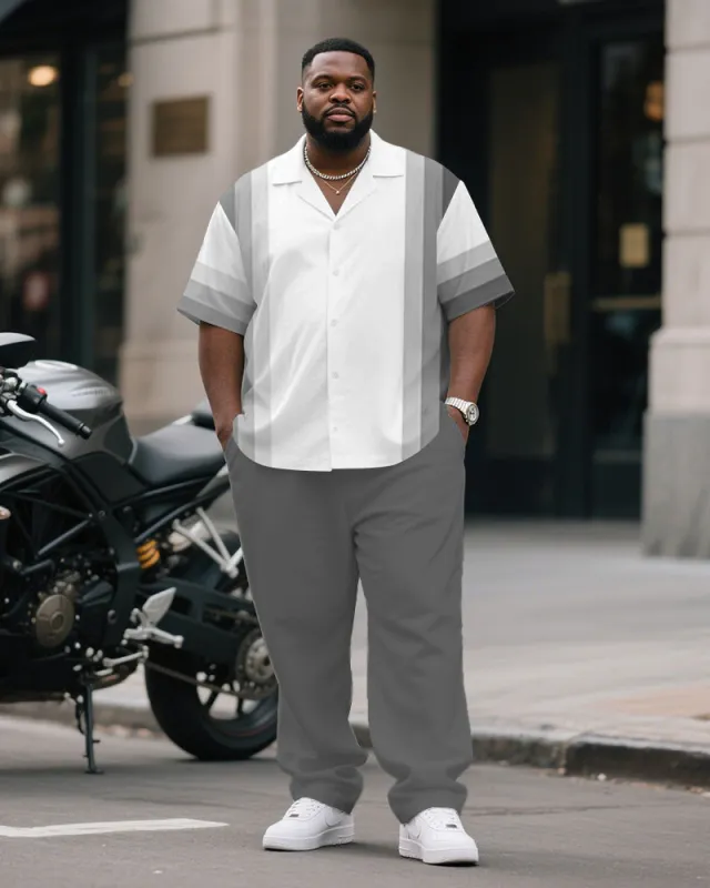 Men's Plus Size Business Gray Gradient Stripe Print Short Sleeve Shirt Trousers Suit sold by Biggmans