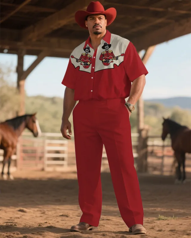 Western Denim-Men's Plus Size Red Guitar Skull Short Sleeve Shirt Pants Suit sold by Biggmans