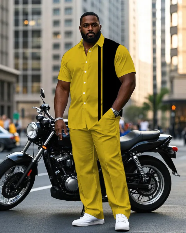 Men's Plus Size Fashion Yellow & Black Simple Short Sleeve Shirt Pants Suit sold by Biggmans
