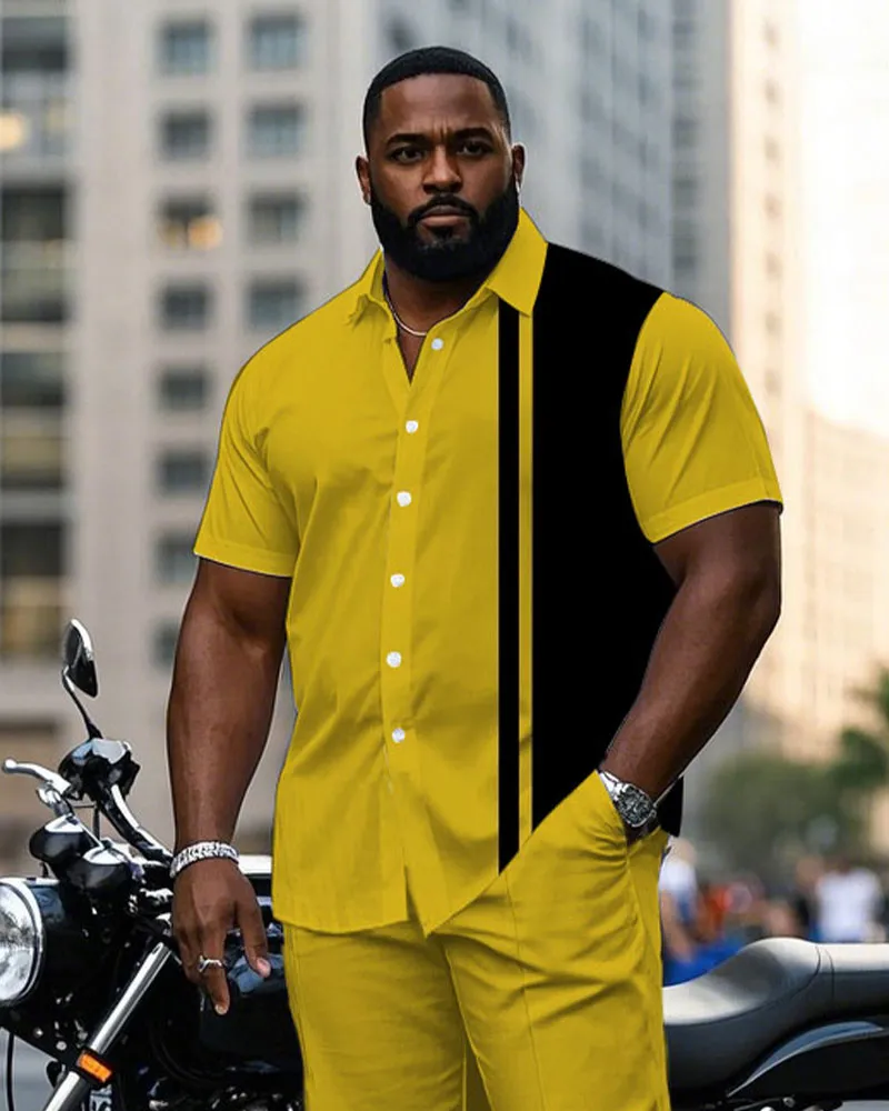 Men's Plus Size Fashion Yellow & Black Simple Short Sleeve Shirt Pants Suit sold by Biggmans product image thumbnail 2
