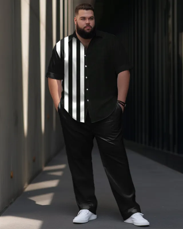 Men's Plus Size Business Simple Vertical Stripe Stitching Short Sleeve Shirt Trousers Suit sold by Biggmans