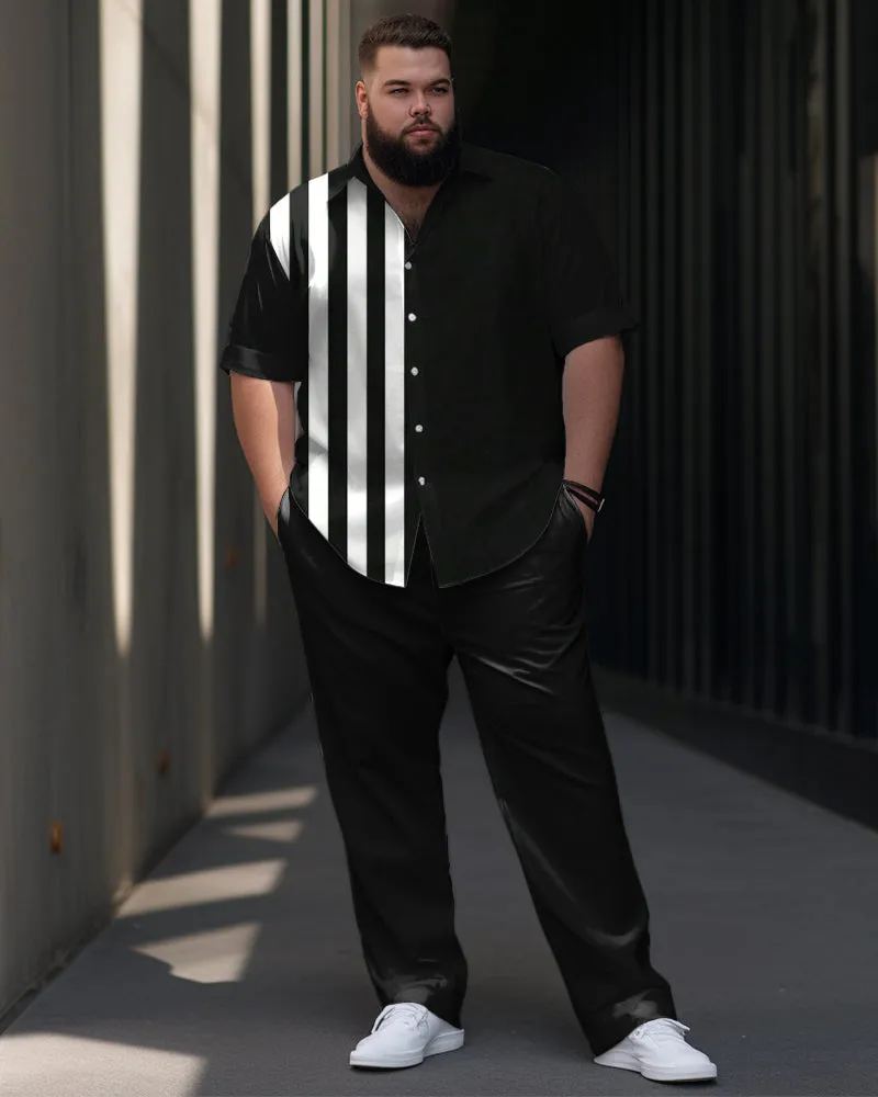 Men's Plus Size Business Simple Vertical Stripe Stitching Short Sleeve Shirt Trousers Suit sold by Biggmans