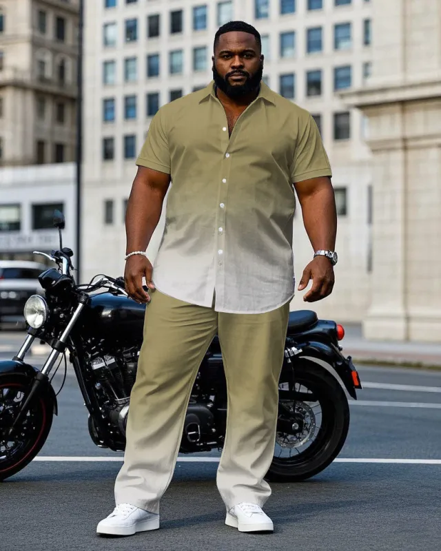 Men's Plus Size Fashion Khaki & White Gradient Short Sleeve Shirt Pants Suit sold by Biggmans