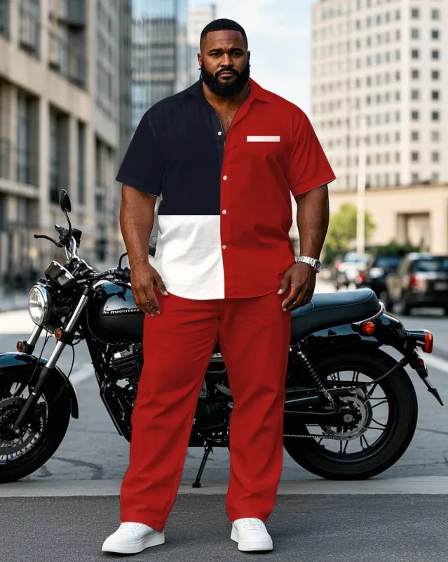 Men's Plus Size Red Color Matching Chest Pocket Short Sleeve Shirt Trousers Suit made by Biggmans