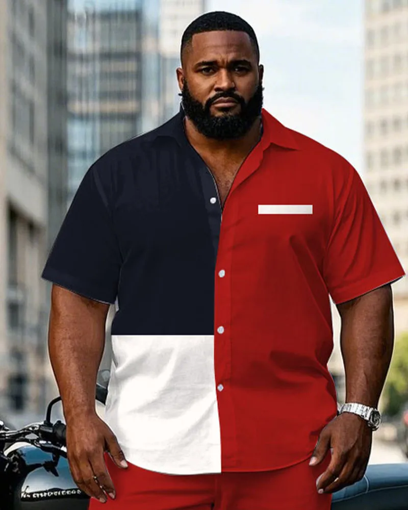 Men's Plus Size Red Color Matching Chest Pocket Short Sleeve Shirt Trousers Suit sold by Biggmans product image thumbnail 2