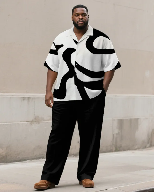 Men's Plus Size Simple Black And White Geometric Printing Short Sleeve Shirt Trousers Suit sold by Biggmans