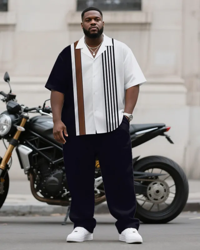 Men's Plus Size Simple Blue Brown Color-block Stripe Printed Short-sleeved Shirt Trousers Suit sold by Biggmans