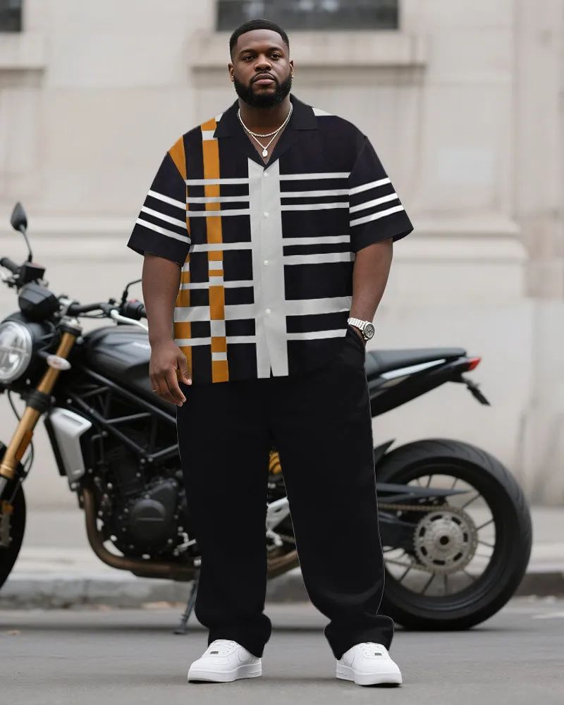 Men's Plus Size Simple Black And White Orange Color Matching Striped Printed Short Sleeve Shirt Trousers Suit sold by Biggmans