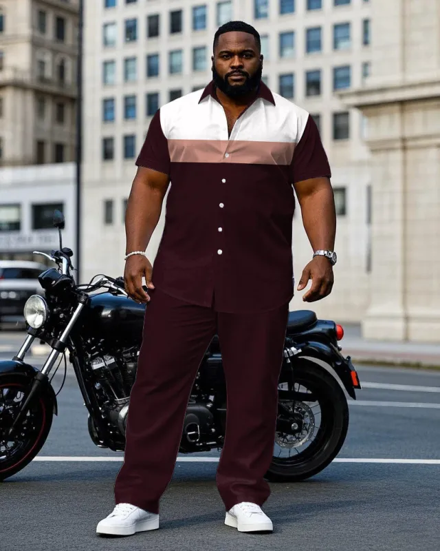 Men's Plus Size Retro Fuchsia & White Colorblock Short Sleeve Shirt Pants Suit made by Biggmans