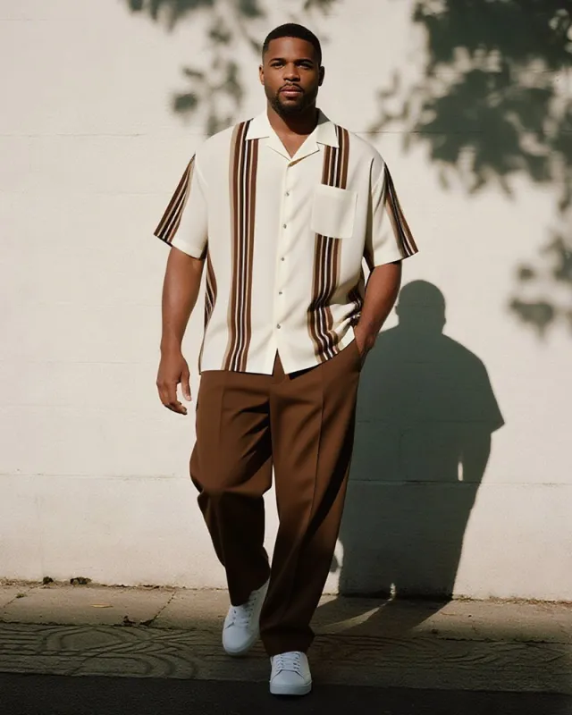 Big & Tall Men's Business Brown Striped Print Pocket Short Sleeve Shirt Trousers Suit sold by Biggmans