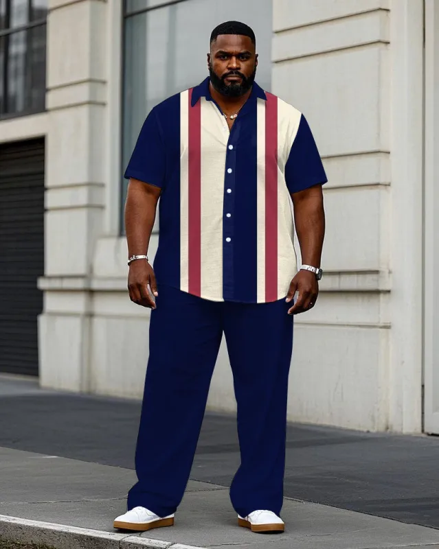 Men's Plus Size Business Sapphire Blue & Red Classic Color Stitching Short Sleeve Shirt Trousers Suit sold by Biggmans