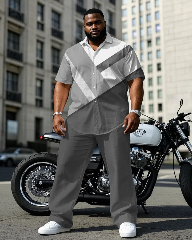Men's Plus Size Grey & White Personality Stitching Daily Casual Short-sleeved Shirt Trousers Suit sold by Biggmans