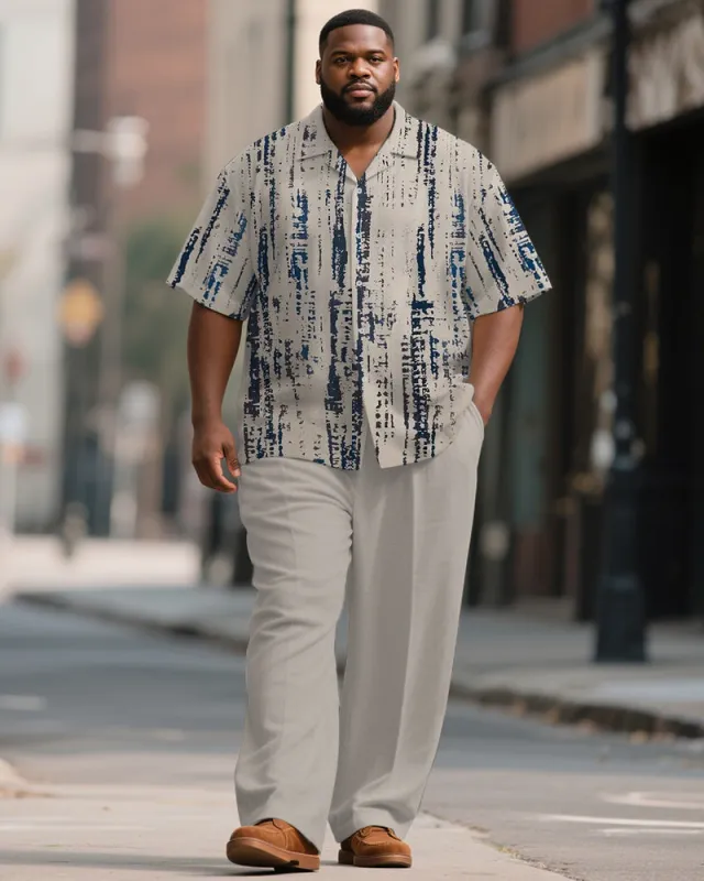 Men's Plus Size Simple Grey Abstract Stroke Print Short-sleeved Shirt Trousers Suit sold by Biggmans